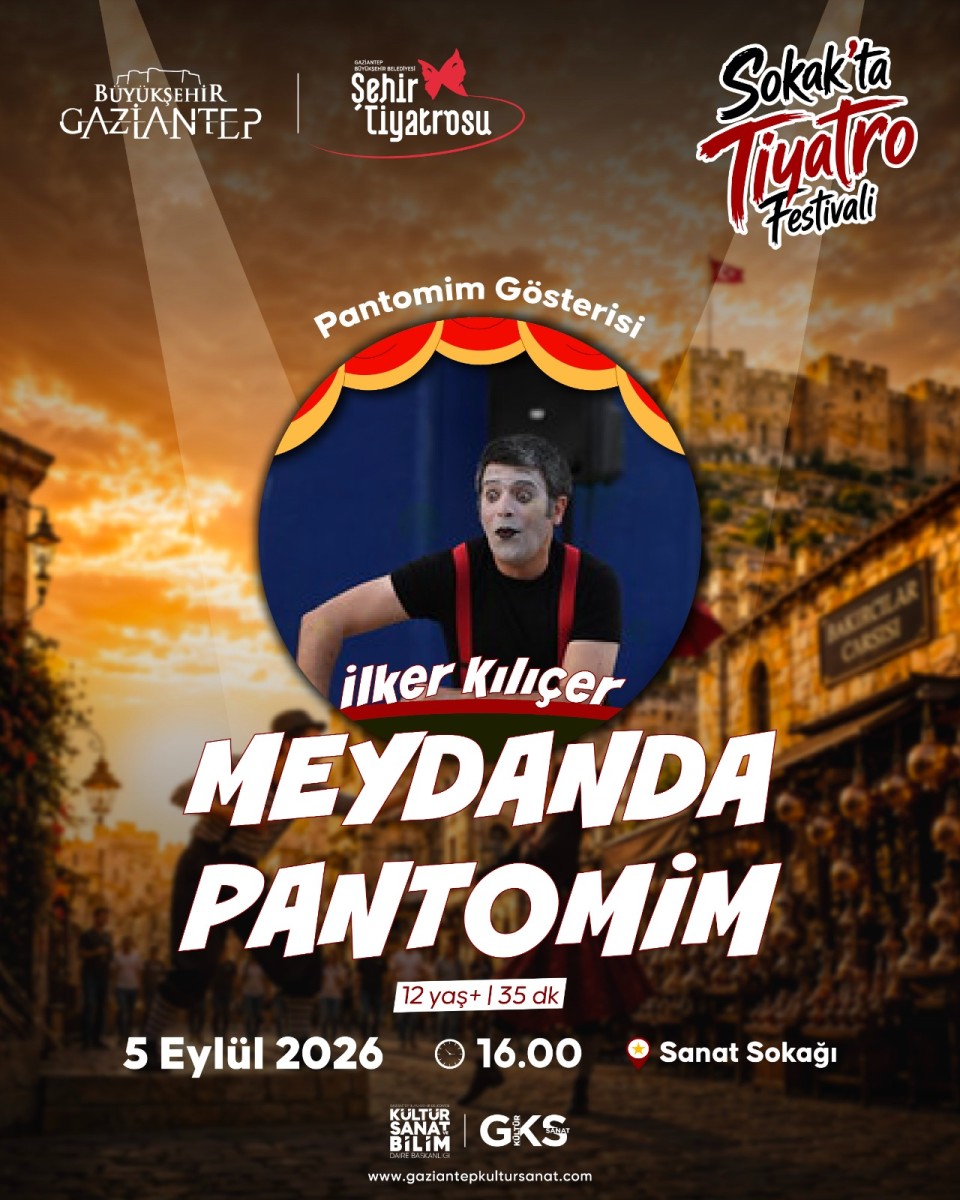 GBB tarafından düzenlenen 1. Sokak’ta Tiyatro Festivali, kapsamında 'MEYDANDA PANTOMİM '4 Eylül 2026 tarihlerinde Bey Mahallesi’nde sanatseverlerle buluşuyor.